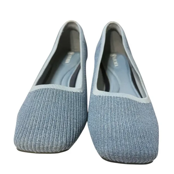 Vivaia Melody Pumps Blue Knit Fabric Square Toe Chunky Block Heel Size 40.5