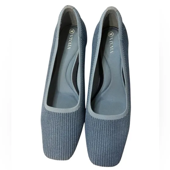 Vivaia Melody Pumps Blue Knit Fabric Square Toe Chunky Block Heel Size 40.5