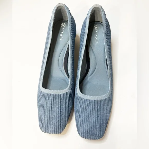 Vivaia Melody Pumps Blue Knit Fabric Square Toe Chunky Block Heel Size 40.5