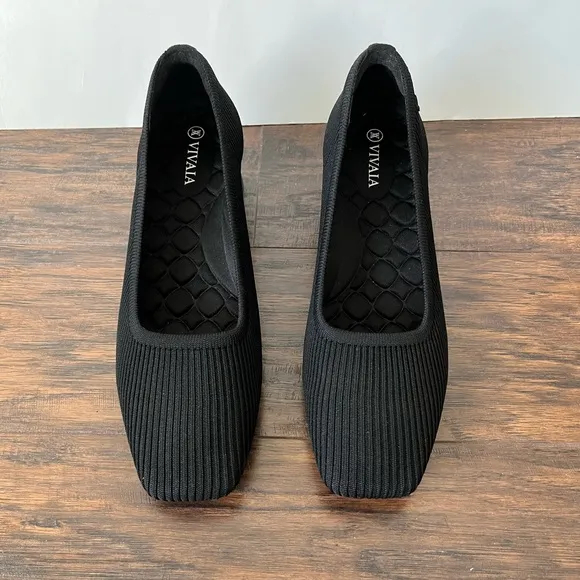 Vivaia Square Toe Chunky Knit Heels Black Size 39.5