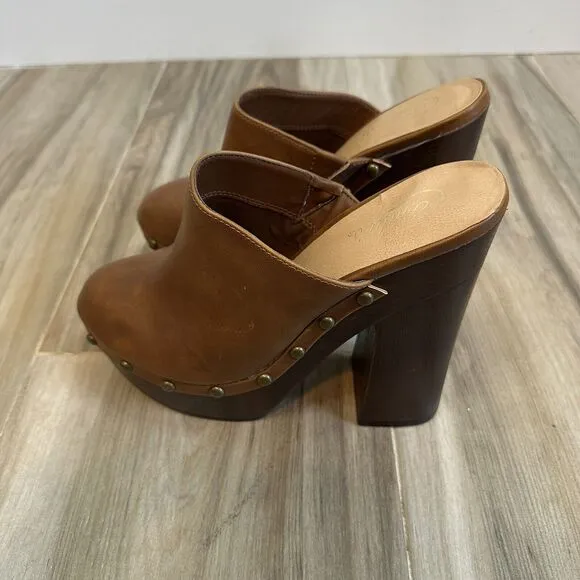 VTG Candie's Clogs Y2K Platform Wood Brown Leather 9.5 Chunky Boho 90's Retro