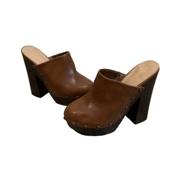 VTG Candie's Clogs Y2K Platform Wood Brown Leather 9.5 Chunky Boho 90's Retro