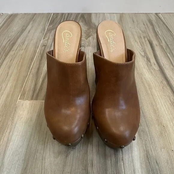 VTG Candie's Clogs Y2K Platform Wood Brown Leather 9.5 Chunky Boho 90's Retro