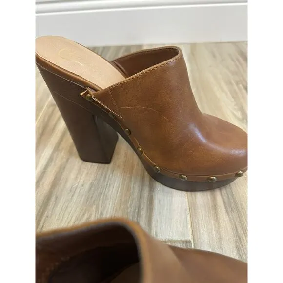 VTG Candie's Clogs Y2K Platform Wood Brown Leather 9.5 Chunky Boho 90's Retro