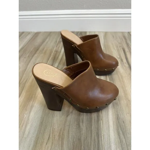 VTG Candie's Clogs Y2K Platform Wood Brown Leather 9.5 Chunky Boho 90's Retro