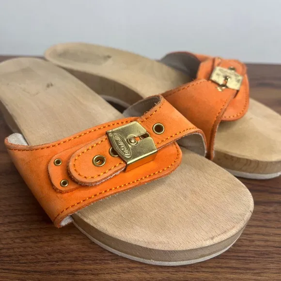 VTG Dr. Scholl’s The Original Wood Sole Sz 6 Orange Sandals Y2K Made in Italy