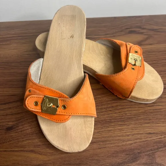 VTG Dr. Scholl’s The Original Wood Sole Sz 6 Orange Sandals Y2K Made in Italy