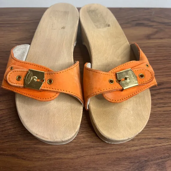 VTG Dr. Scholl’s The Original Wood Sole Sz 6 Orange Sandals Y2K Made in Italy