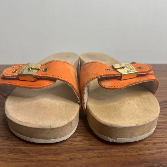 VTG Dr. Scholl’s The Original Wood Sole Sz 6 Orange Sandals Y2K Made in Italy