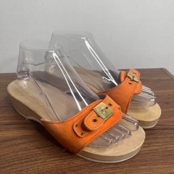 VTG Dr. Scholl’s The Original Wood Sole Sz 6 Orange Sandals Y2K Made in Italy