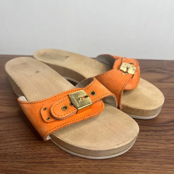 VTG Dr. Scholl’s The Original Wood Sole Sz 6 Orange Sandals Y2K Made in Italy