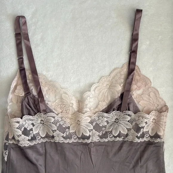 {VTG} Lorraine | Babydoll Floral Lace Trim Nylon Slip Dress Lingerie Mauve (34)