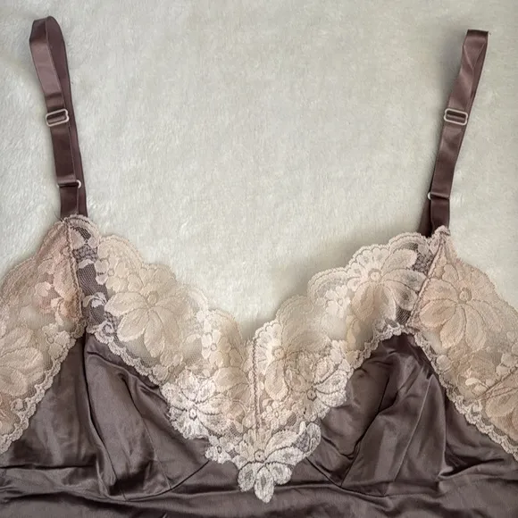 {VTG} Lorraine | Babydoll Floral Lace Trim Nylon Slip Dress Lingerie Mauve (34)
