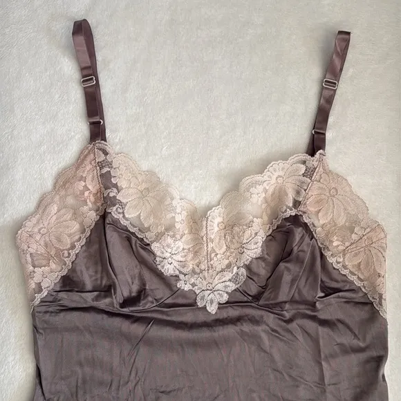 {VTG} Lorraine | Babydoll Floral Lace Trim Nylon Slip Dress Lingerie Mauve (34)