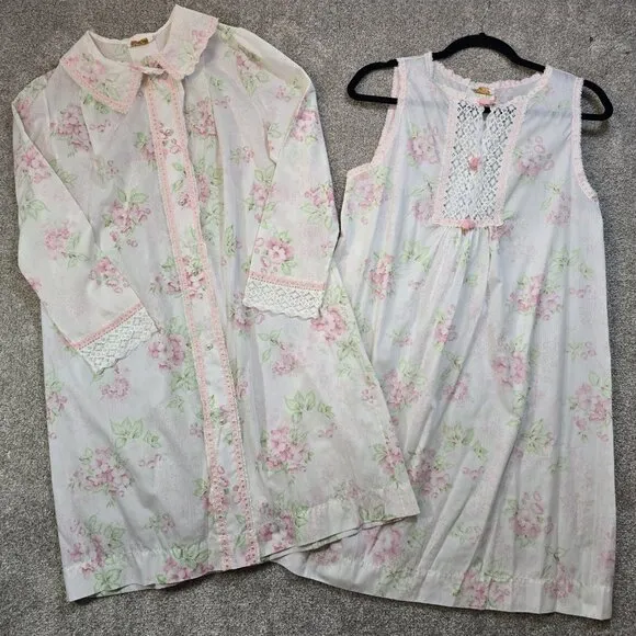 VTG USA Barbizon 2 Pc Matching Robe &amp; Nightgown Cotton Floral Lightweight Size M