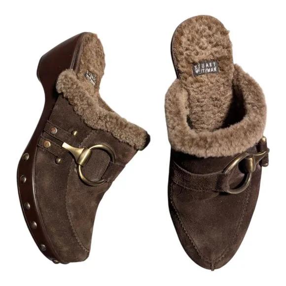 Vtg Y2K Stuart Weitzman Circuit Cola Brown Suede Shearling Lined Wedge Clogs 7