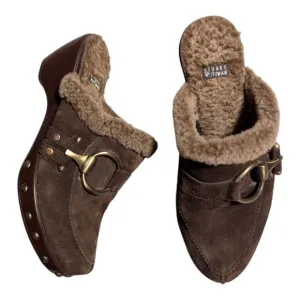 Vtg Y2K Stuart Weitzman Circuit Cola Brown Suede Shearling Lined Wedge Clogs 7