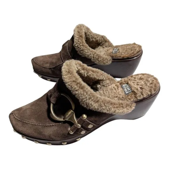 Vtg Y2K Stuart Weitzman Circuit Cola Brown Suede Shearling Lined Wedge Clogs 7