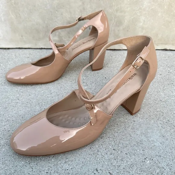 WALKING CRADLES patent leather heels dance pumps nude neutral strappy block tan