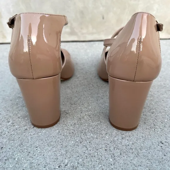 WALKING CRADLES patent leather heels dance pumps nude neutral strappy block tan