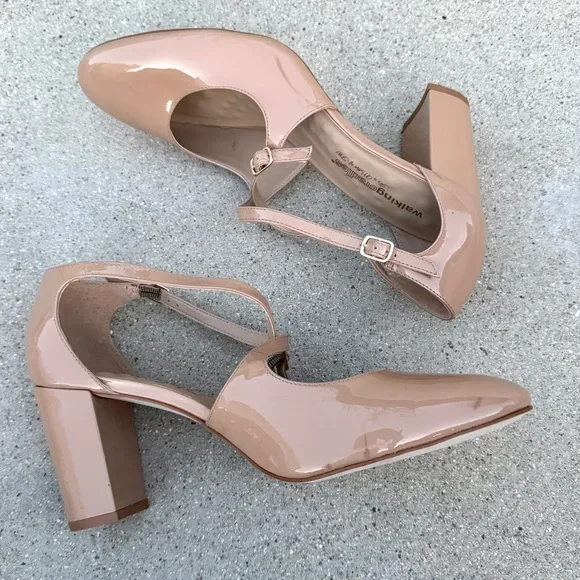 WALKING CRADLES patent leather heels dance pumps nude neutral strappy block tan