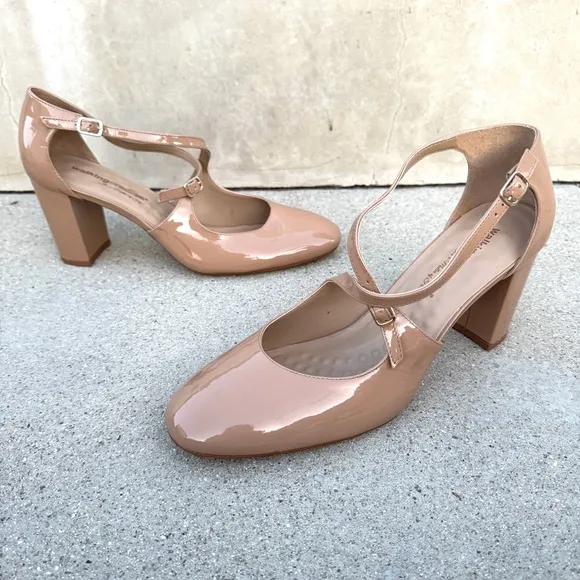 WALKING CRADLES patent leather heels dance pumps nude neutral strappy block tan