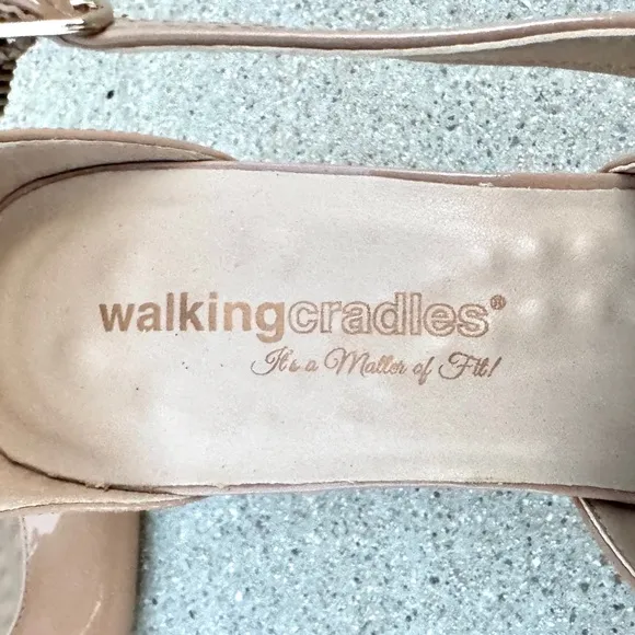 WALKING CRADLES patent leather heels dance pumps nude neutral strappy block tan