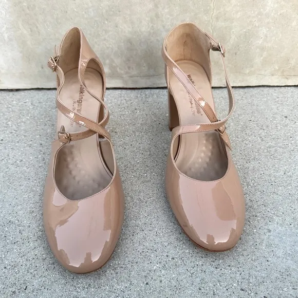 WALKING CRADLES patent leather heels dance pumps nude neutral strappy block tan