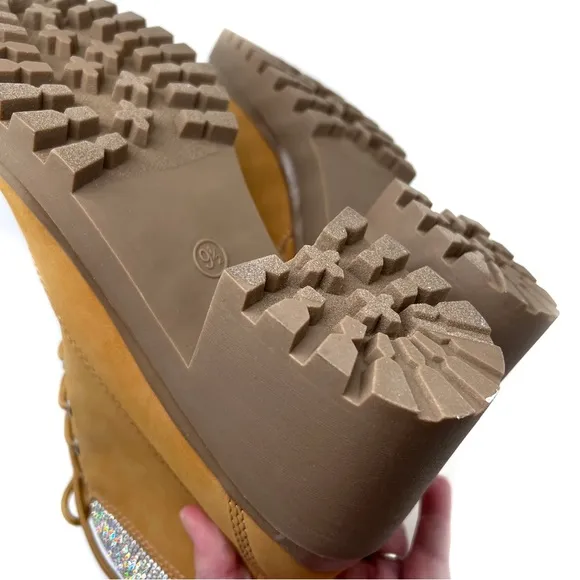 Wild Pair Bentli Lug Sole Bootie with Rhinestone Trim Tan Nubuck Size 9.5