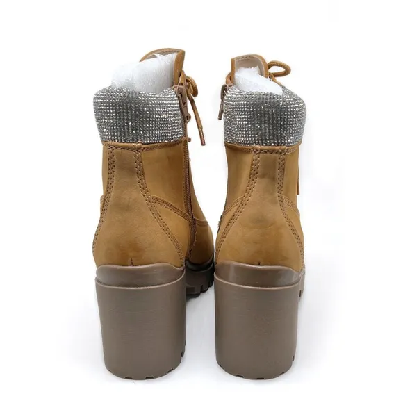 Wild Pair Bentli Lug Sole Bootie with Rhinestone Trim Tan Nubuck Size 9.5