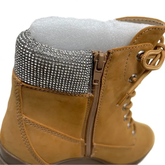 Wild Pair Bentli Lug Sole Bootie with Rhinestone Trim Tan Nubuck Size 9.5