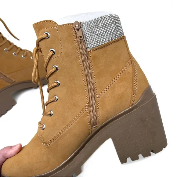 Wild Pair Bentli Lug Sole Bootie with Rhinestone Trim Tan Nubuck Size 9.5