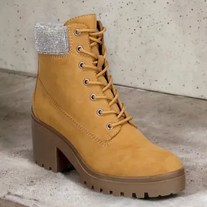 Wild Pair Bentli Lug Sole Bootie with Rhinestone Trim Tan Nubuck Size 9.5