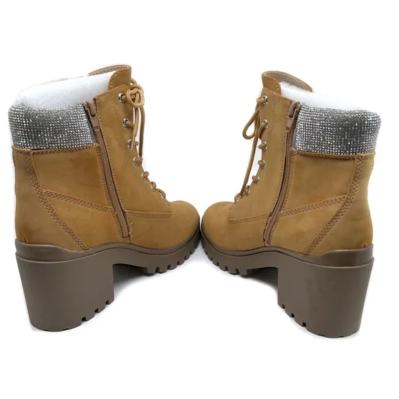 Wild Pair Bentli Lug Sole Bootie with Rhinestone Trim Tan Nubuck Size 9.5