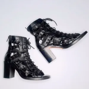 Willow Ankle Boots Size‎ 38 Black Lace Up Leather Strappy Heels Open Toe