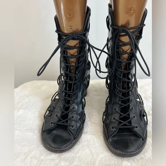 Willow Ankle Boots Size‎ 38 Black Lace Up Leather Strappy Heels Open Toe