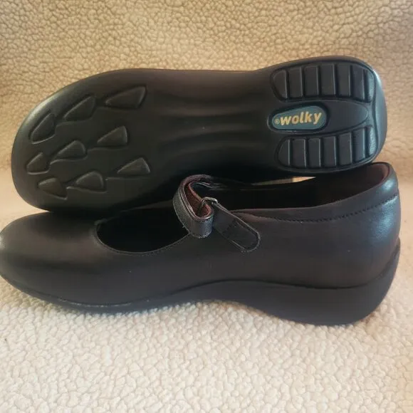 WOLKY Leather Black Mary Jane Shoes - Cushioned Insole Velcro Strap - Size 7.5