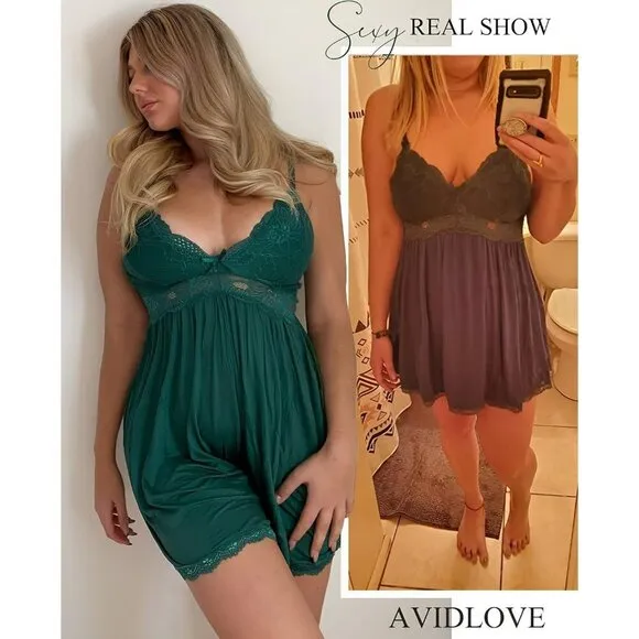 Women green Chemise Lace Sleepwear Neck Modal Babydoll Nightgown Slip