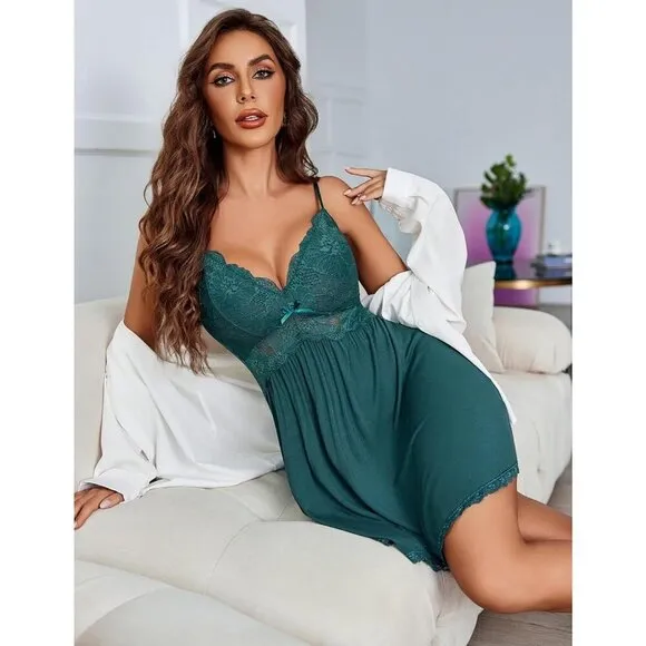 Women green Chemise Lace Sleepwear Neck Modal Babydoll Nightgown Slip