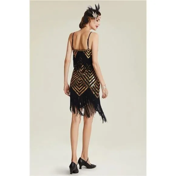 Women's 1920s Flapper Dress V Neck Slip Dress Black Gold