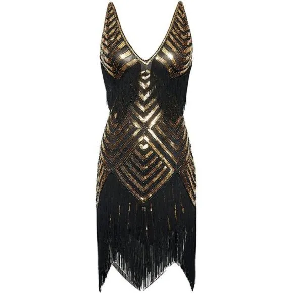 Women's 1920s Flapper Dress V Neck Slip Dress Black Gold