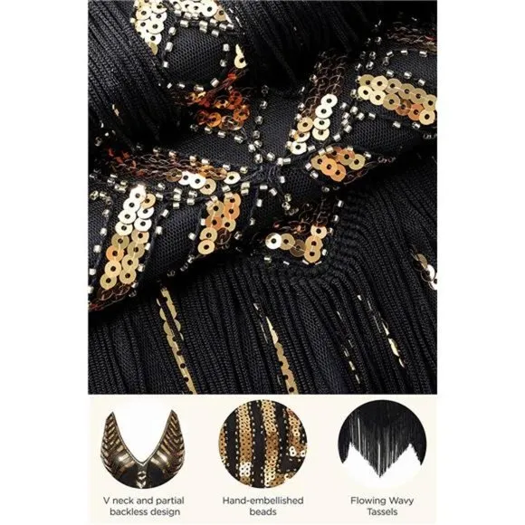 Women's 1920s Flapper Dress V Neck Slip Dress Black Gold