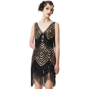 Women's 1920s Flapper Dress V Neck Slip Dress Black Gold