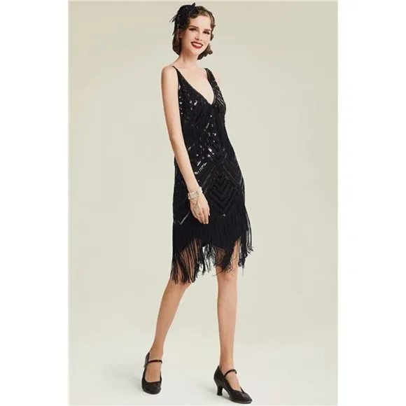 WOMEN'S 1920s Flapper Dress V Neck Slip Dress Black