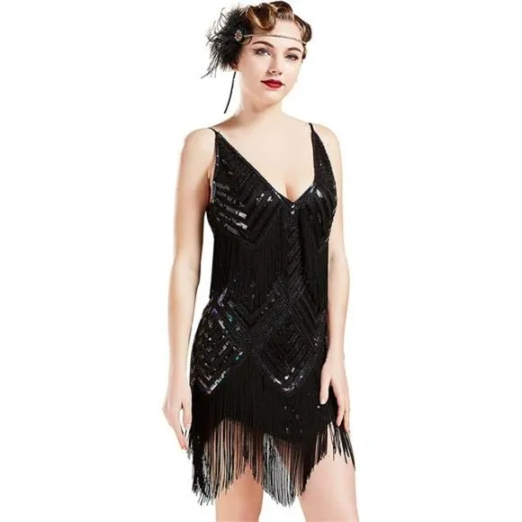 WOMEN'S 1920s Flapper Dress V Neck Slip Dress Black