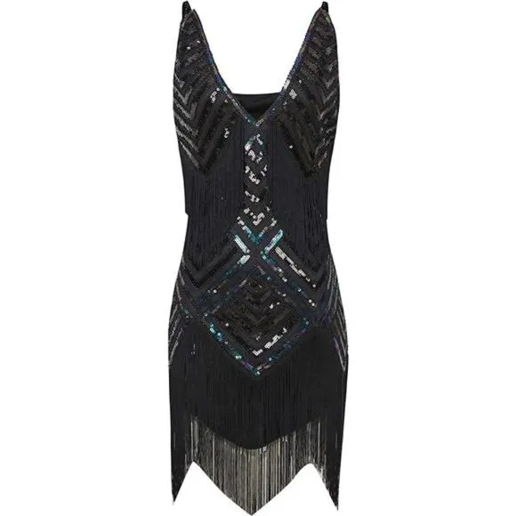 WOMEN'S 1920s Flapper Dress V Neck Slip Dress Black