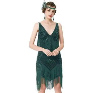 WOMEN'S 1920s Flapper Dress V Neck Slip Dress Dark Green