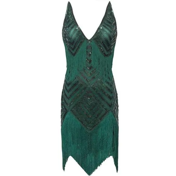 WOMEN'S 1920s Flapper Dress V Neck Slip Dress Dark Green