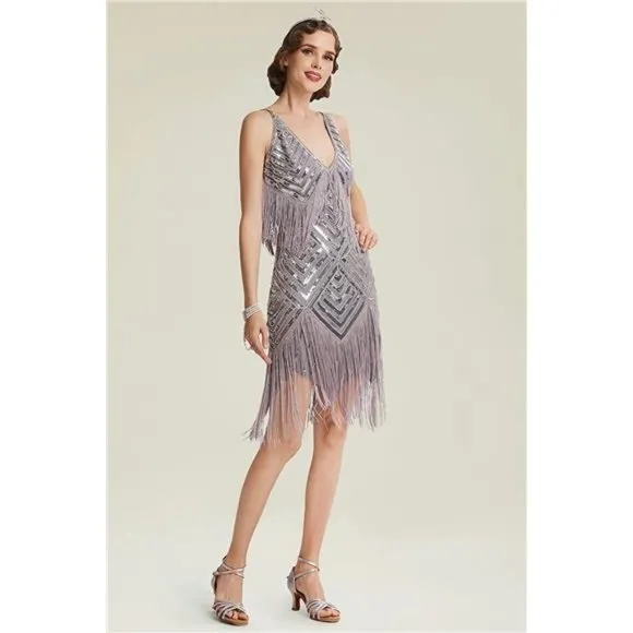 WOMEN'S 1920s Flapper Dress V Neck Slip Dress Light Gray