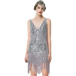 WOMEN'S 1920s Flapper Dress V Neck Slip Dress Light Gray